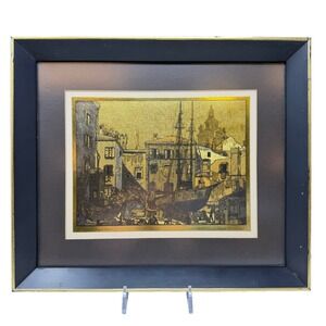 Lionel Barrymore Little Boatyard Venice Gold Foil Framed Print Vintage‎
